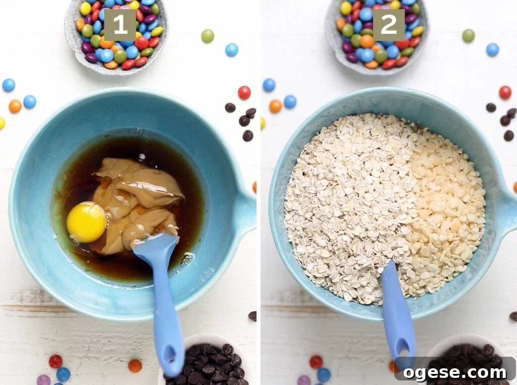 Chewy Monster Cookie Bars with M&Ms and Peanut Butter 4 Step 1 shows mixing the wet ingredients, and step 2 shows mixing in the dry ingredients.