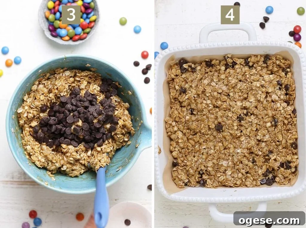 Chewy Monster Cookie Bars with M&Ms and Peanut Butter 5 Step 3 shows adding the chocolate chips, and step 4 shows pressing the cookie dough into a baking pan.