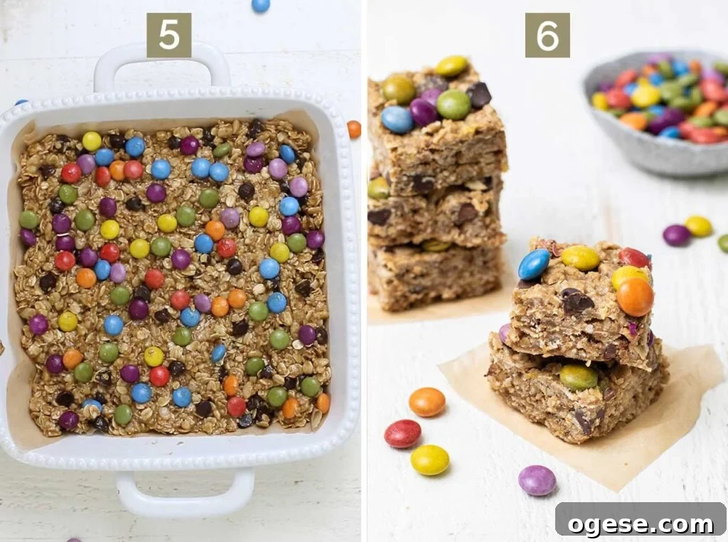 Chewy Monster Cookie Bars with M&Ms and Peanut Butter 6 Step 5 shows pressing candy coated chocolates into the cookie dough, and step 6 shows baking the cookies and cutting them in squares.