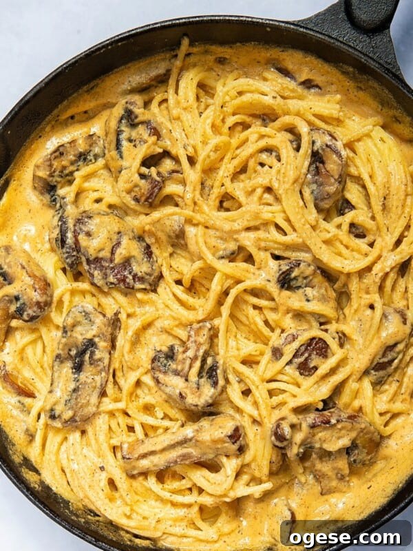 Mushroom Alfredo in a pan.