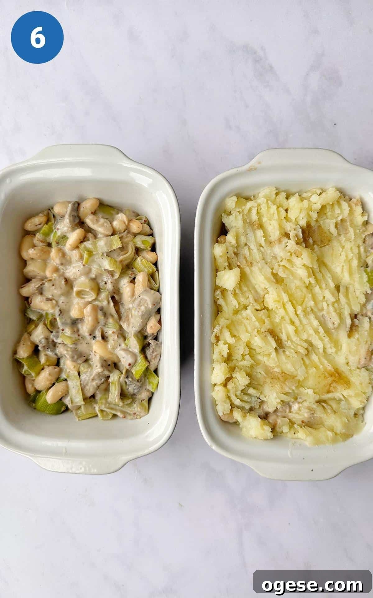 Vegan Mushroom Pie in two separate baking dishes, one topped with mashed potato ready for the oven.