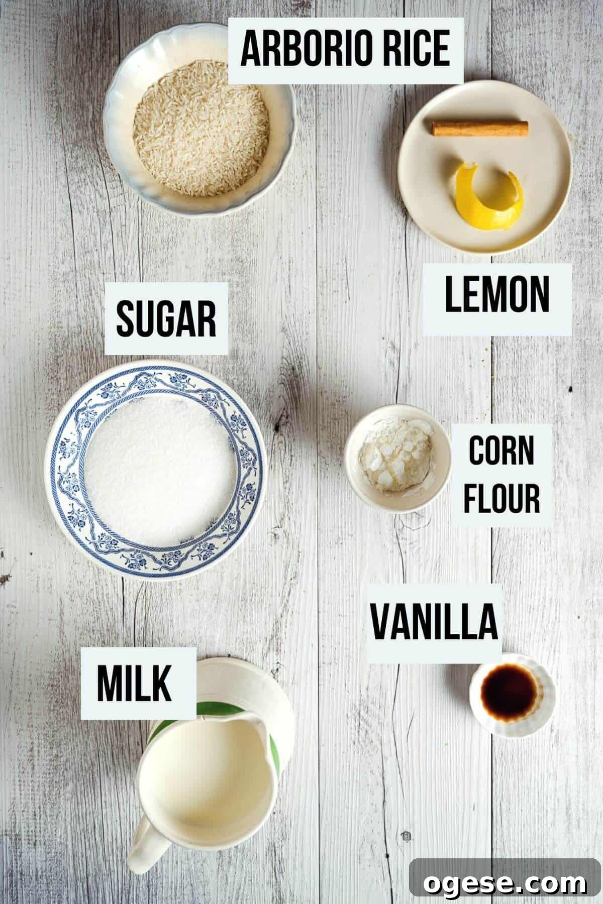 a white table with ingredients to make rizogalo.