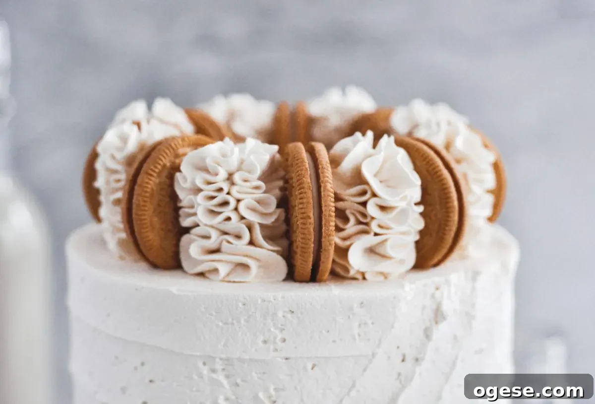 A cake top with white vanilla buttercream swirls and a golden oreo between each swirl 