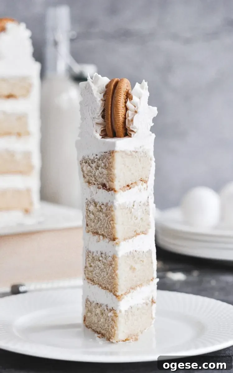 A slice of white vanilla cake standing up on a white plate