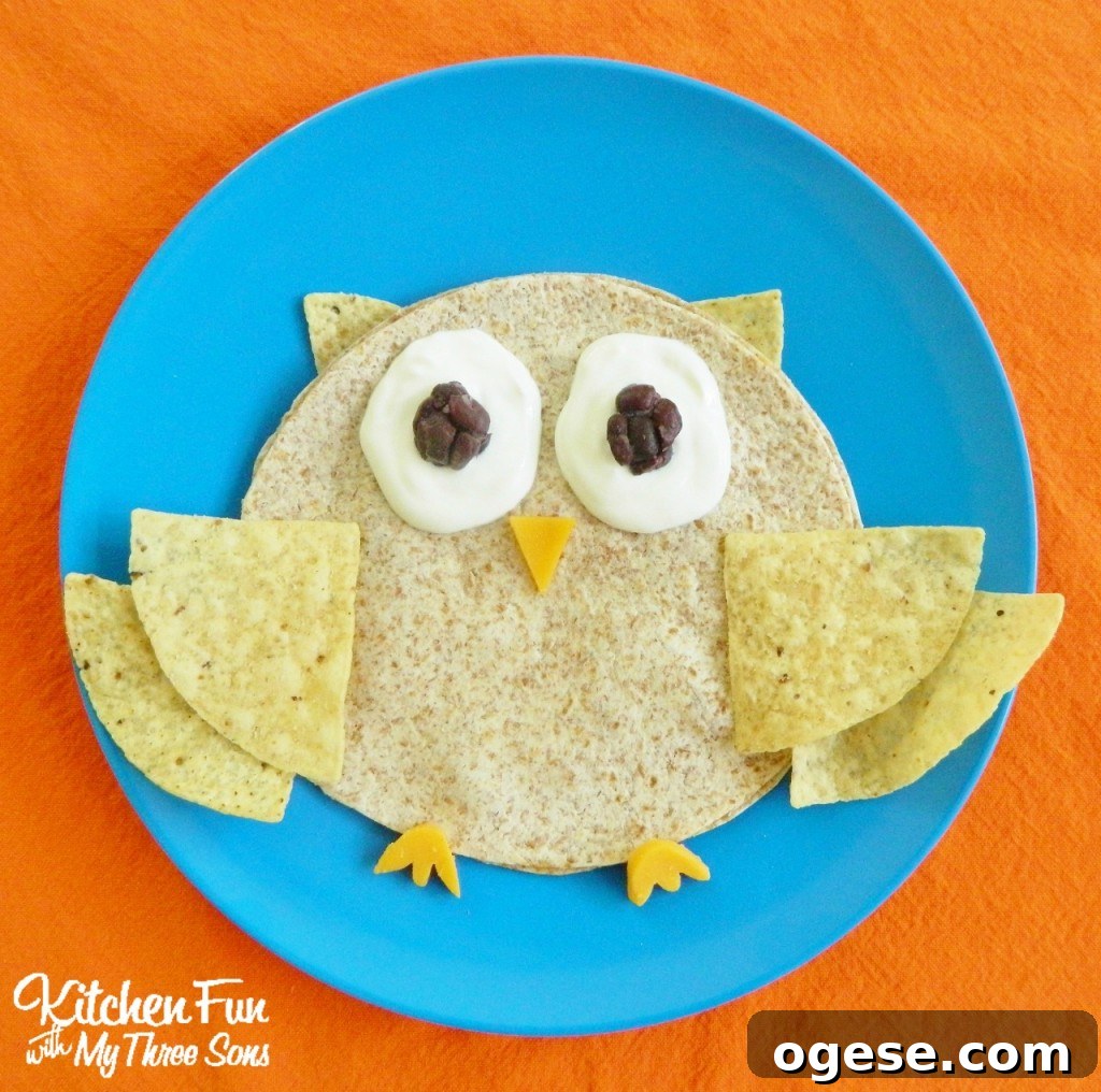 Owl Quesadilla for a fun & easy Halloween / Fall lunch for the kids! KitchenFunWithMy3Sons.com Owl Quesadilla