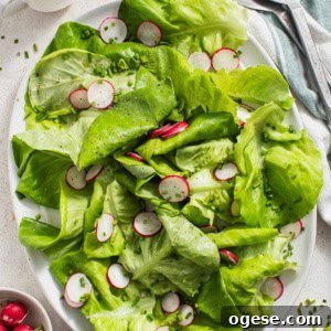 Crisp Bibb Lettuce Salad with Lemon Vinaigrette 13 A green butter lettuce side salad topped with sliced radishes, chopped chives, and pepper next to serving utensils and a napkin.