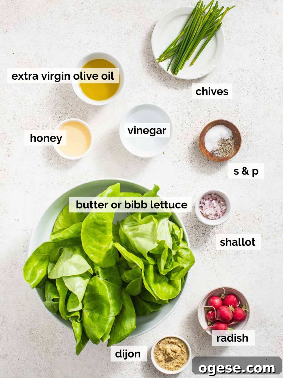 Crisp Bibb Lettuce Salad with Lemon Vinaigrette 3 Ingredients for a butter lettuce salad on a white table.