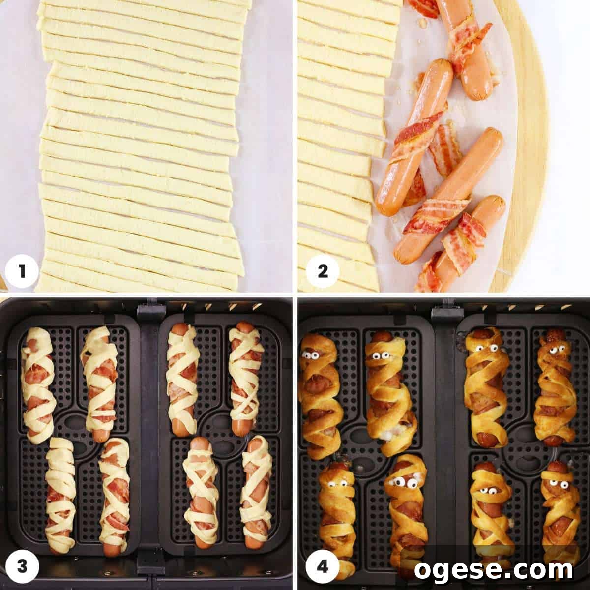Collage of four images showing how to make mummy hot dogs with bacon
