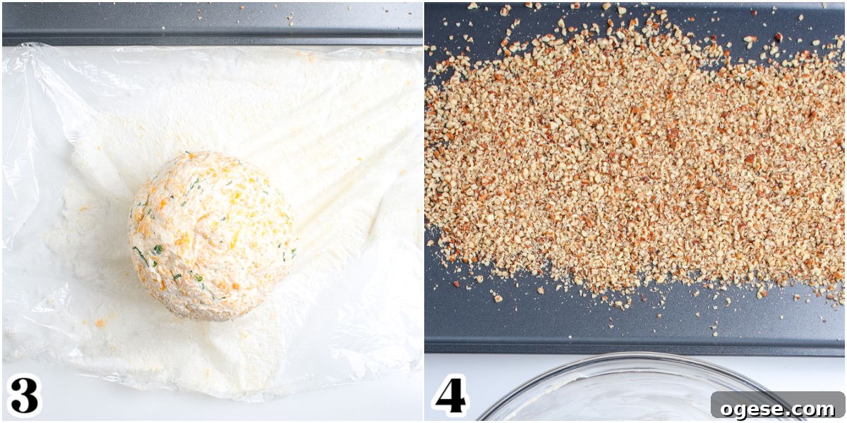 The cheese mixture rolled into a ball and the chopped pecans spread out onto a baking sheet.