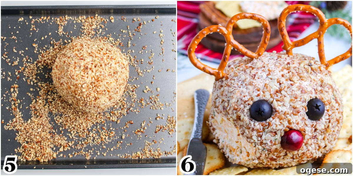 The cheeseball rolled into the chopped pecans and then pretzels added for antlers and black olives and a cranberry added for eyes and a nose.