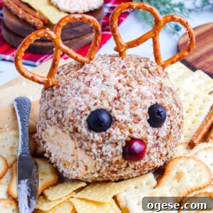The reindeer cheeseball with a small piece taken off of it so you can see the interior.