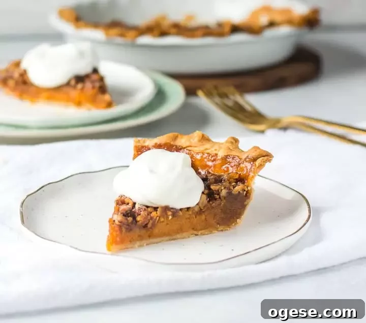 Sweet Potato and Pecan Pie Recipe | Southern Holiday Dessert 2 slice of sweet potato pecan pie on a plate with more pie in the background