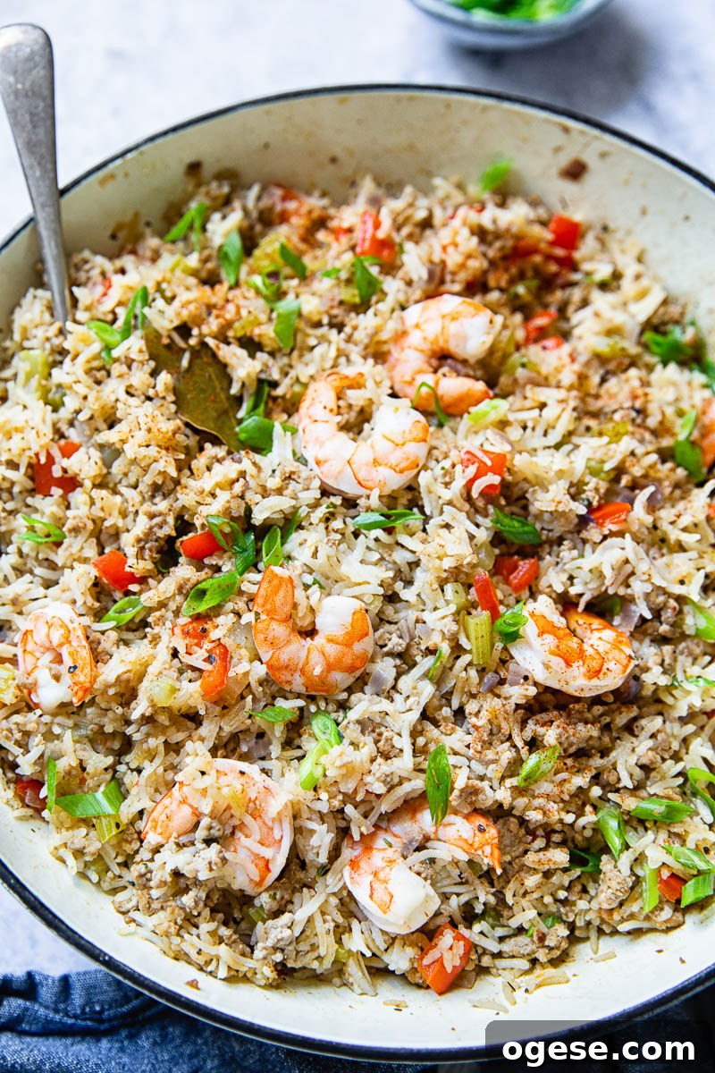 Shrimp Cajun Dirty Rice Recipe with Bold Creole Flavors 2 Top down of pan of Cajun Dirty Rice with Shrimp