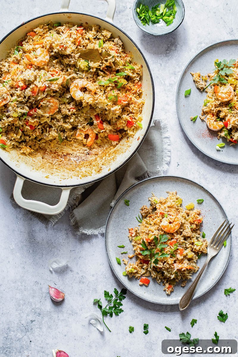Shrimp Cajun Dirty Rice Recipe with Bold Creole Flavors 4 Top down shot showing pan and two plates