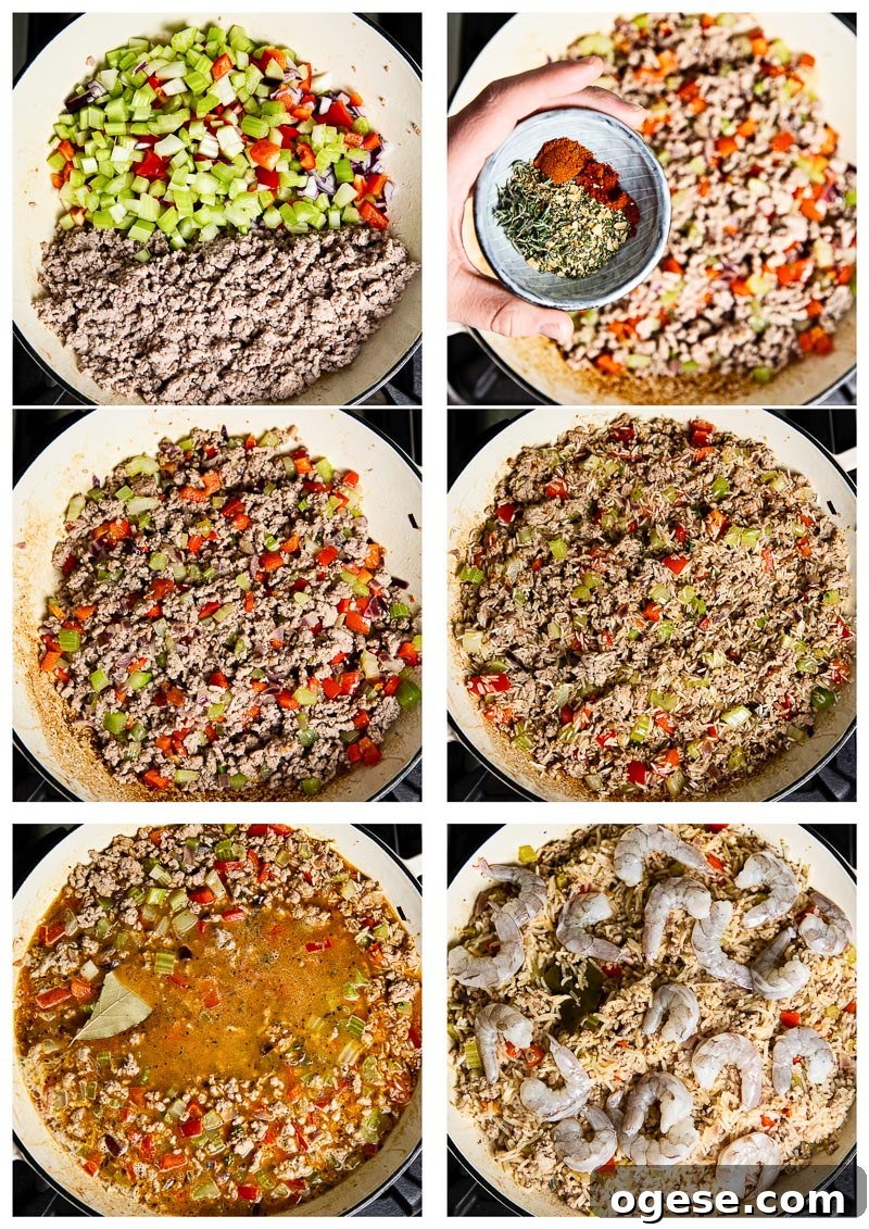 Shrimp Cajun Dirty Rice Recipe with Bold Creole Flavors 5 Six process shots showing how to assemble the dish