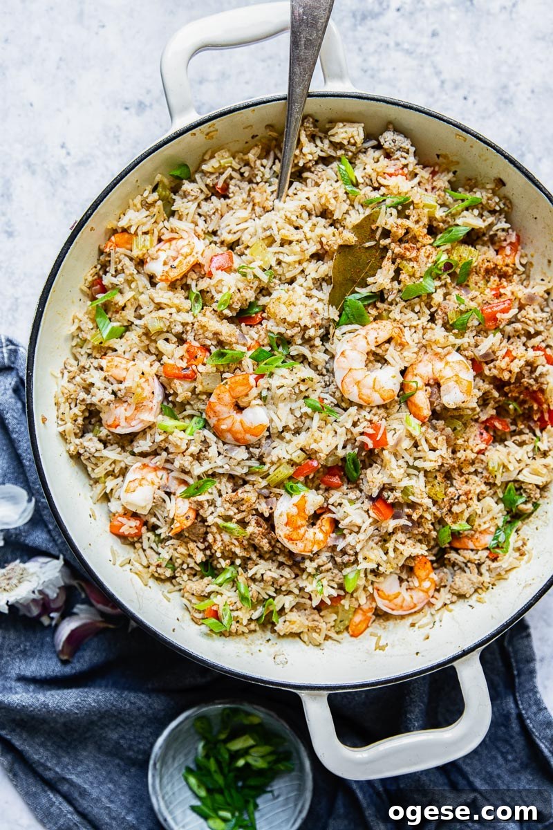 Shrimp Cajun Dirty Rice Recipe with Bold Creole Flavors 6 Top down shot showing the combined ingredients