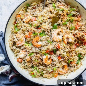 Shrimp Cajun Dirty Rice Recipe with Bold Creole Flavors 7 Top down shot showing the combined ingredients