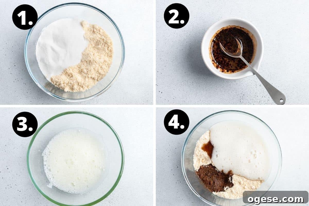 Steps 1-4 of preparing this recipe in a photo collage - adding the sugar and almond meal to a bowl, mixing the coffee, the lightly whisked egg whites, and all of the ingredients in a bowl.