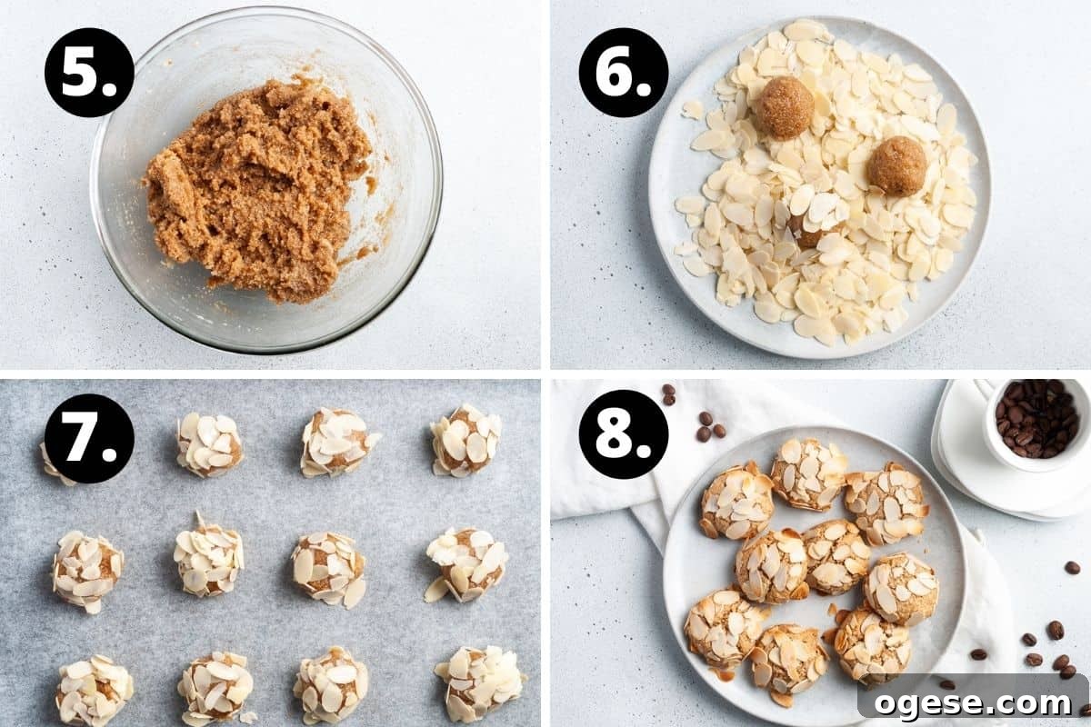 Steps 5-8 of preparing this recipe in a photo collage - the combined mixture, rolling the cookies in almond flakes, the uncooked cookies on a baking sheet, and the baked cookies on a plate.