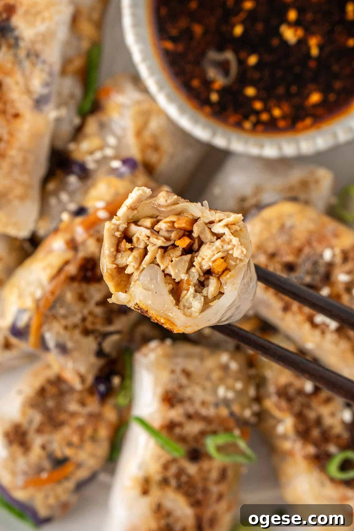 Crispy Rice Paper Dumplings Recipe — Crunchy Asian-Style Bites 11 Chopsticks holding a dumpling with a bite taken showing the filling.