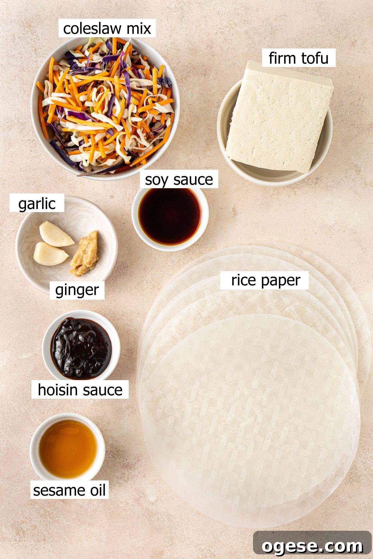 Crispy Rice Paper Dumplings Recipe — Crunchy Asian-Style Bites 3 All ingredients needed to make crispy rice paper dumplings laid out in bowls.