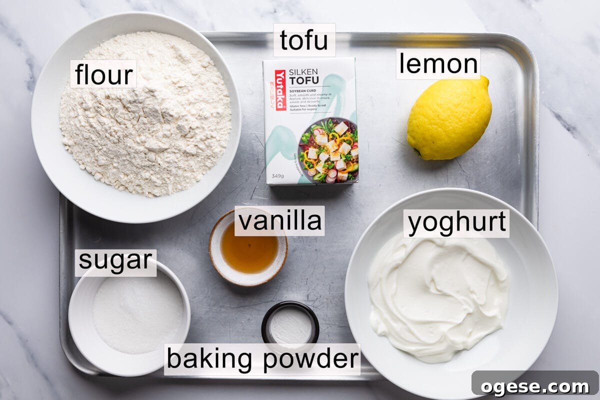 Madeleine-Style Tofu Doughnuts: Light, Protein-Packed Treats 3 ingredients for tofu doughnuts with text labels.
