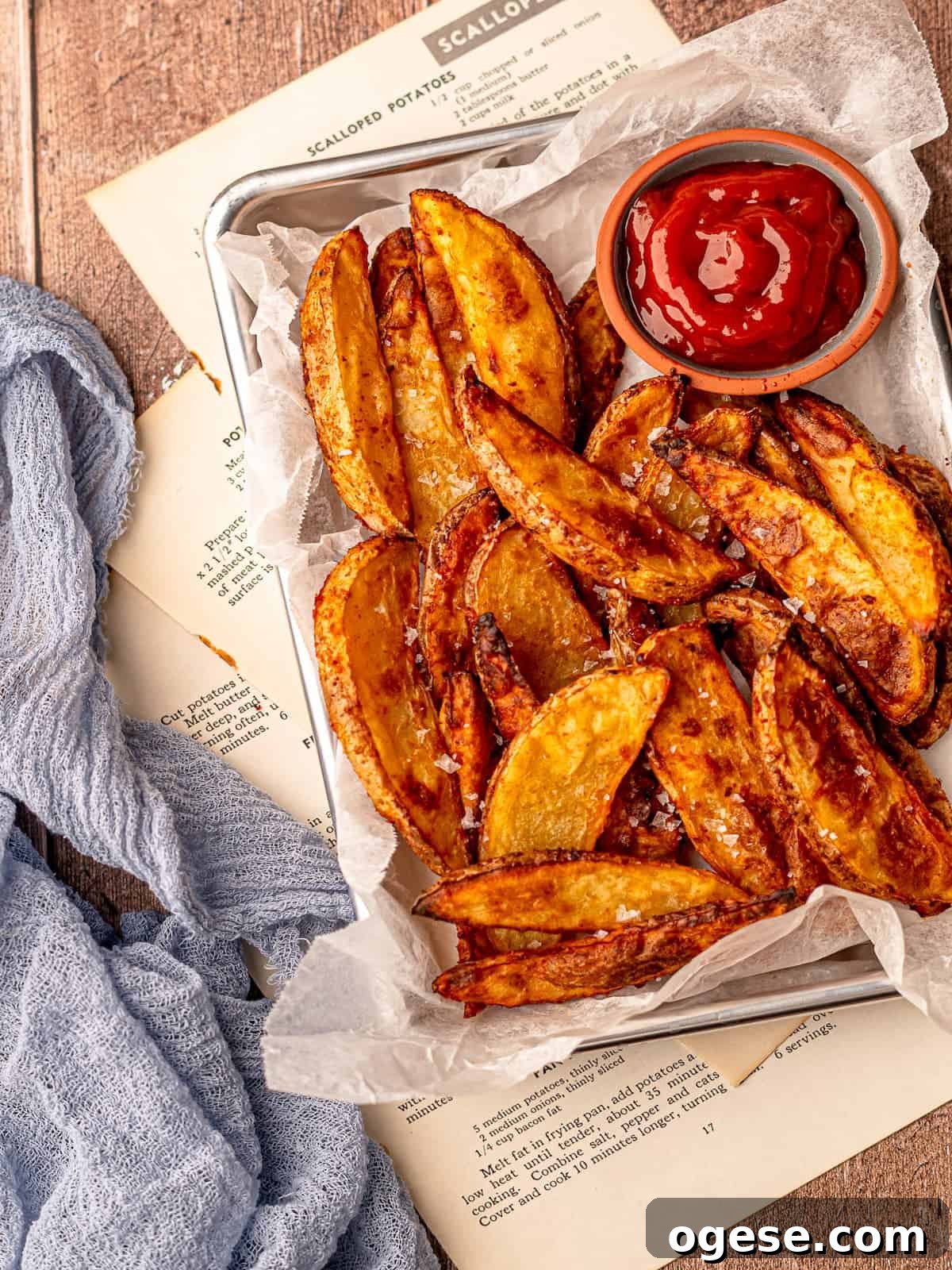Steak fries on a platter with ketchup.
