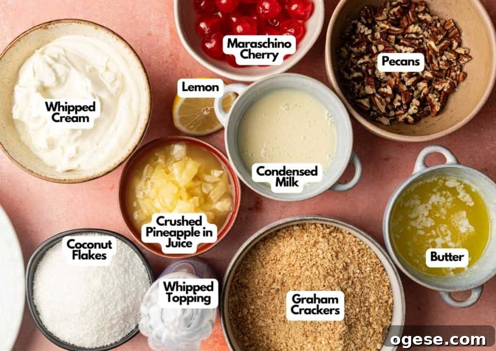 Various dessert ingredients in bowls, including whipped cream, coconut flakes, crushed pineapple, condensed milk, pecans, butter, and graham crackers—everything you need to make a classic Million Dollar Pie.