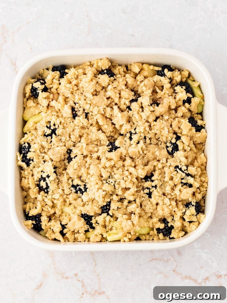Crumble topped apple blackberry crumble before baking. White dish.