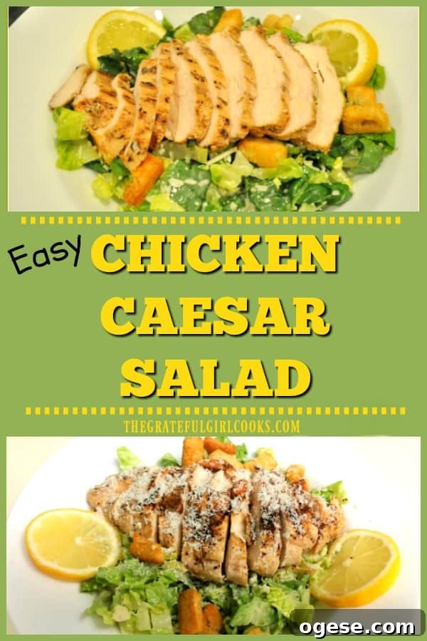 Easy Chicken Caesar Salad - The Grateful Girl Cooks! Easy Chicken Caesar Salad is a light, yet filling entree, with grilled chicken breast on romaine lettuce, Parmesan cheese, croutons, and bottled dressing!
