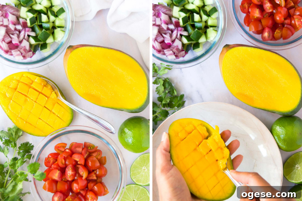 collage of two images showing ingredients to make cucumber mango salsa and how to cut and slice a mango