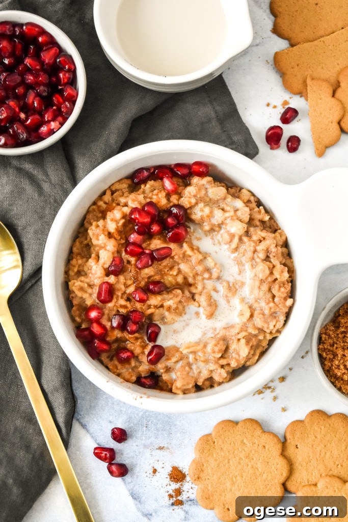 Instant Pot Gingerbread Oatmeal Recipe for Cozy Mornings 2 a bowl of instant pot gingerbread oatmeal with milk and pomegranate seeds topping.
