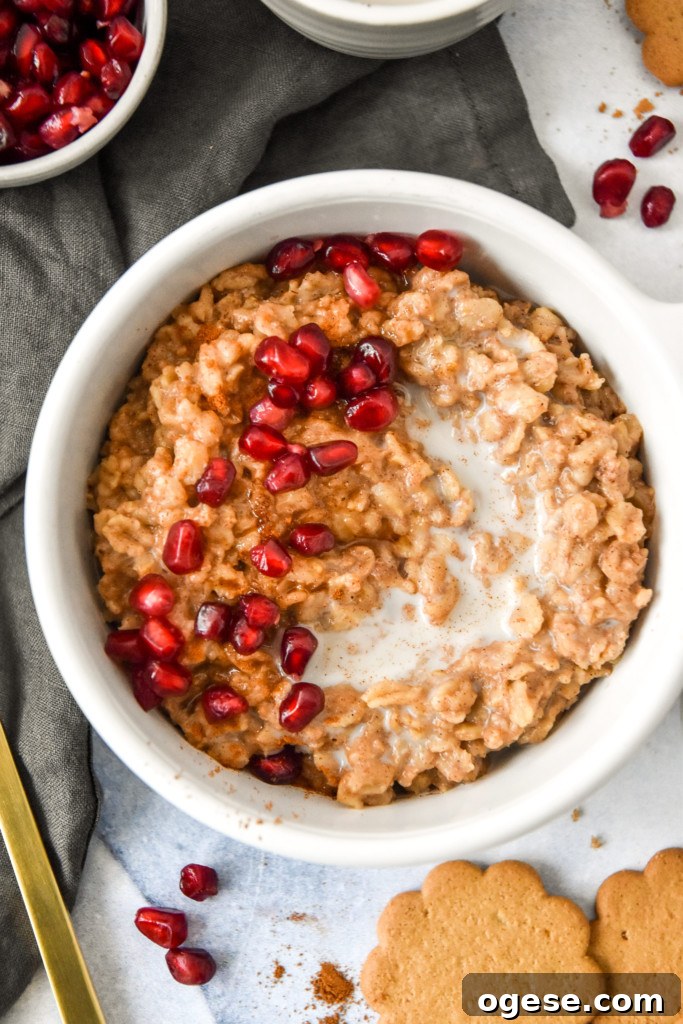 Instant Pot Gingerbread Oatmeal Recipe for Cozy Mornings 12 instant pot gingerbread oatmeal with brown sugar and pomegranate seeds on top.