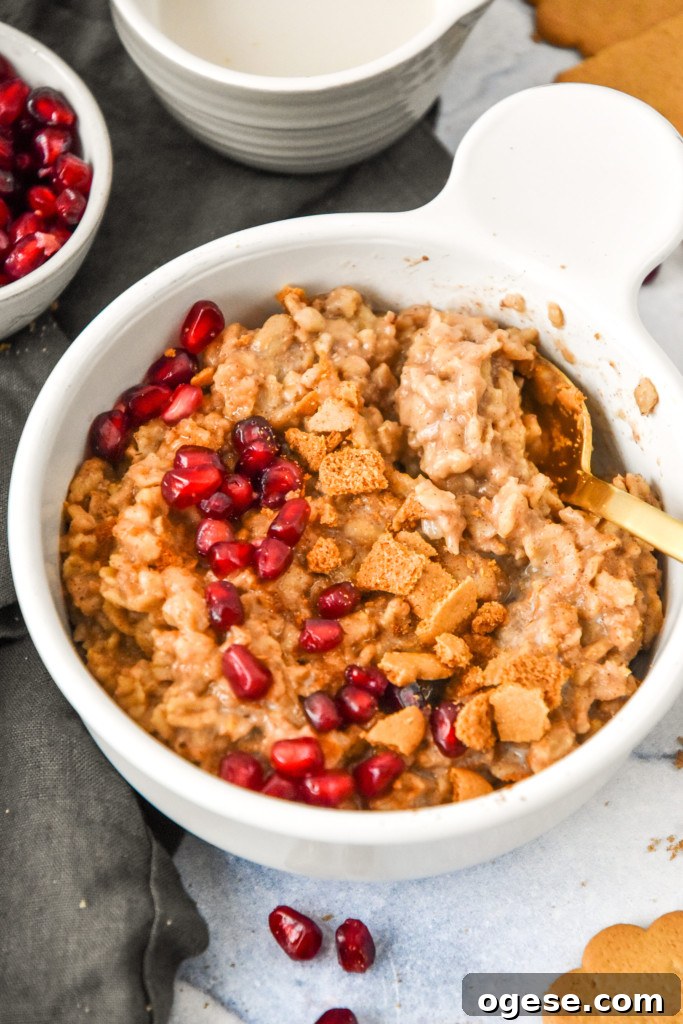 Instant Pot Gingerbread Oatmeal Recipe for Cozy Mornings 13 a bowl of instant pot gingerbread oatmeal with pomegranate seeds and ginger cookies on top.