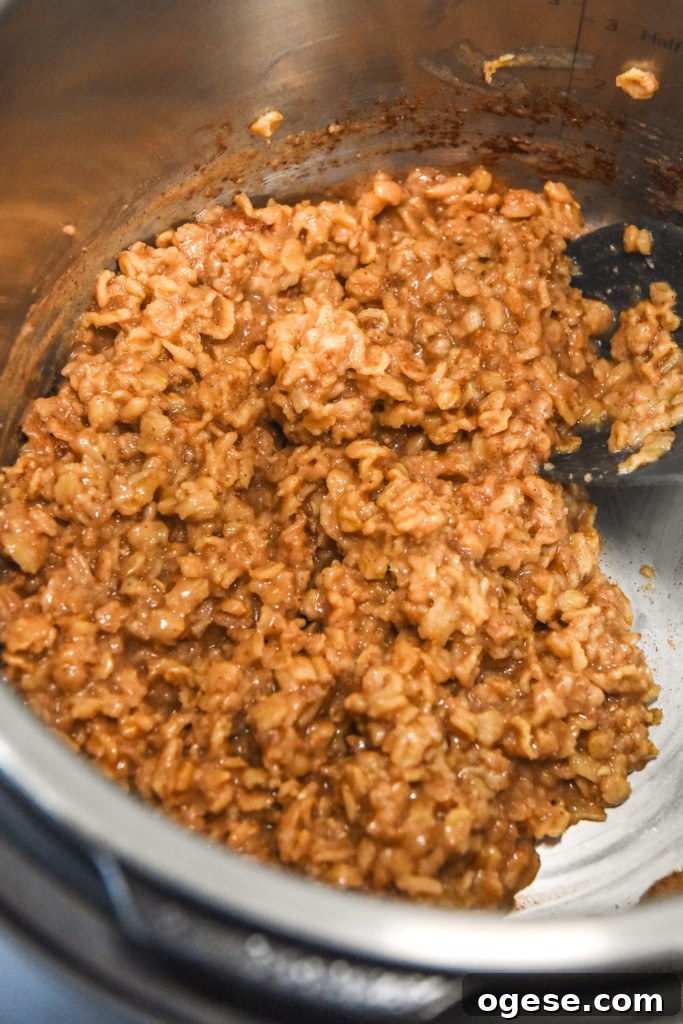 Instant Pot Gingerbread Oatmeal Recipe for Cozy Mornings 6 stirred up gingerbread oatmeal inside the instant pot.