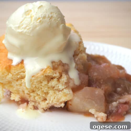 pear and rhubarb cobbler with ice cream