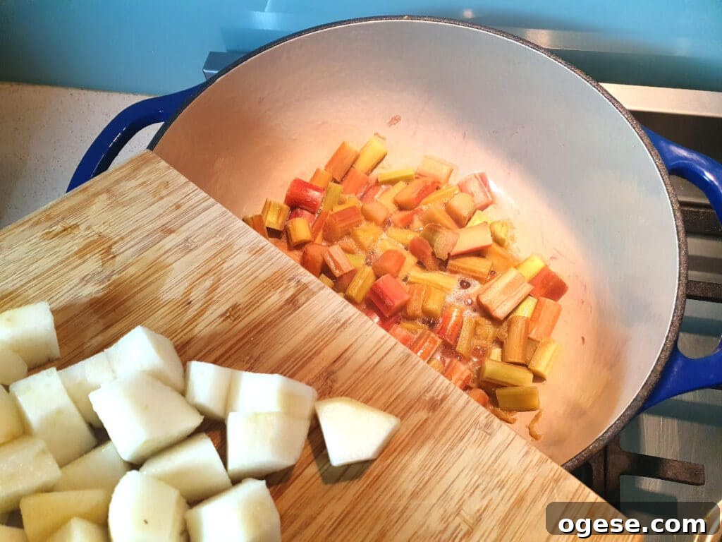 Adding rhubarb and pear to pot