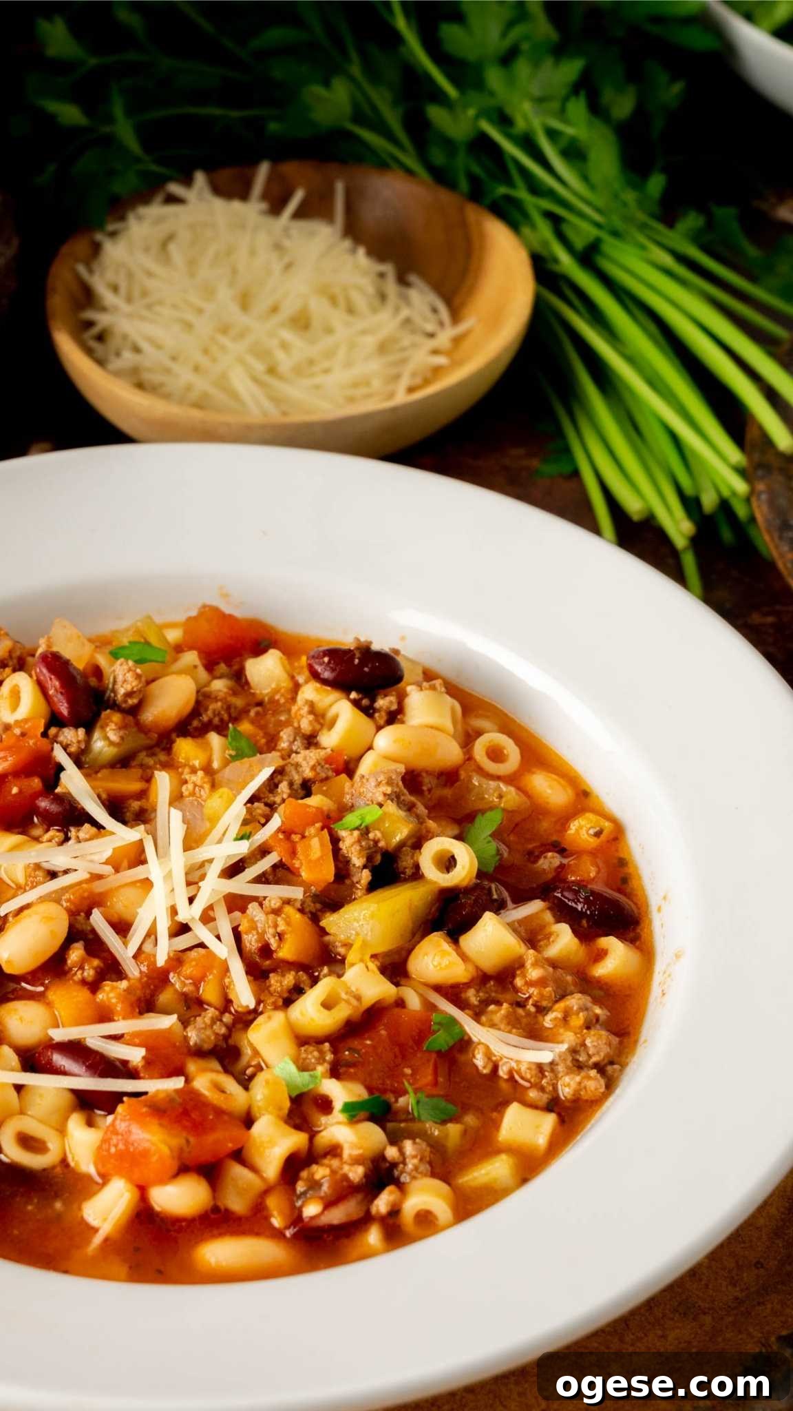 Instant Pot Pasta e Fagioli Soup: Quick Italian Comfort Meal 5 Pasta e Fagioli (pasta fazool) in a bowl garnished with Parmesan cheese and fresh parsley.