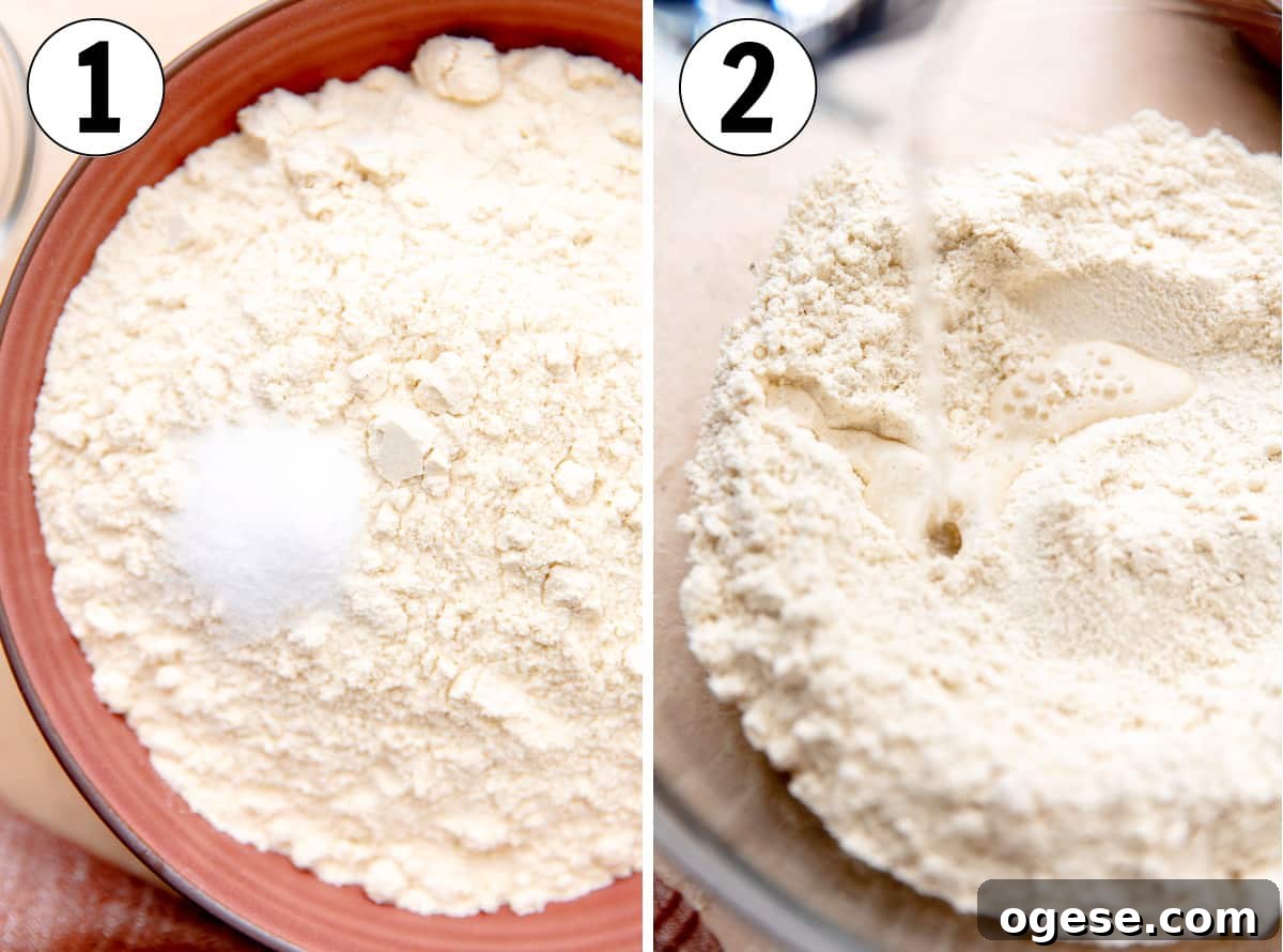 How to Make Authentic Homemade Corn Tortillas at Home 4 How to make corn tortillas, showing dry ingredients in a bowl, then warm water being poured in.