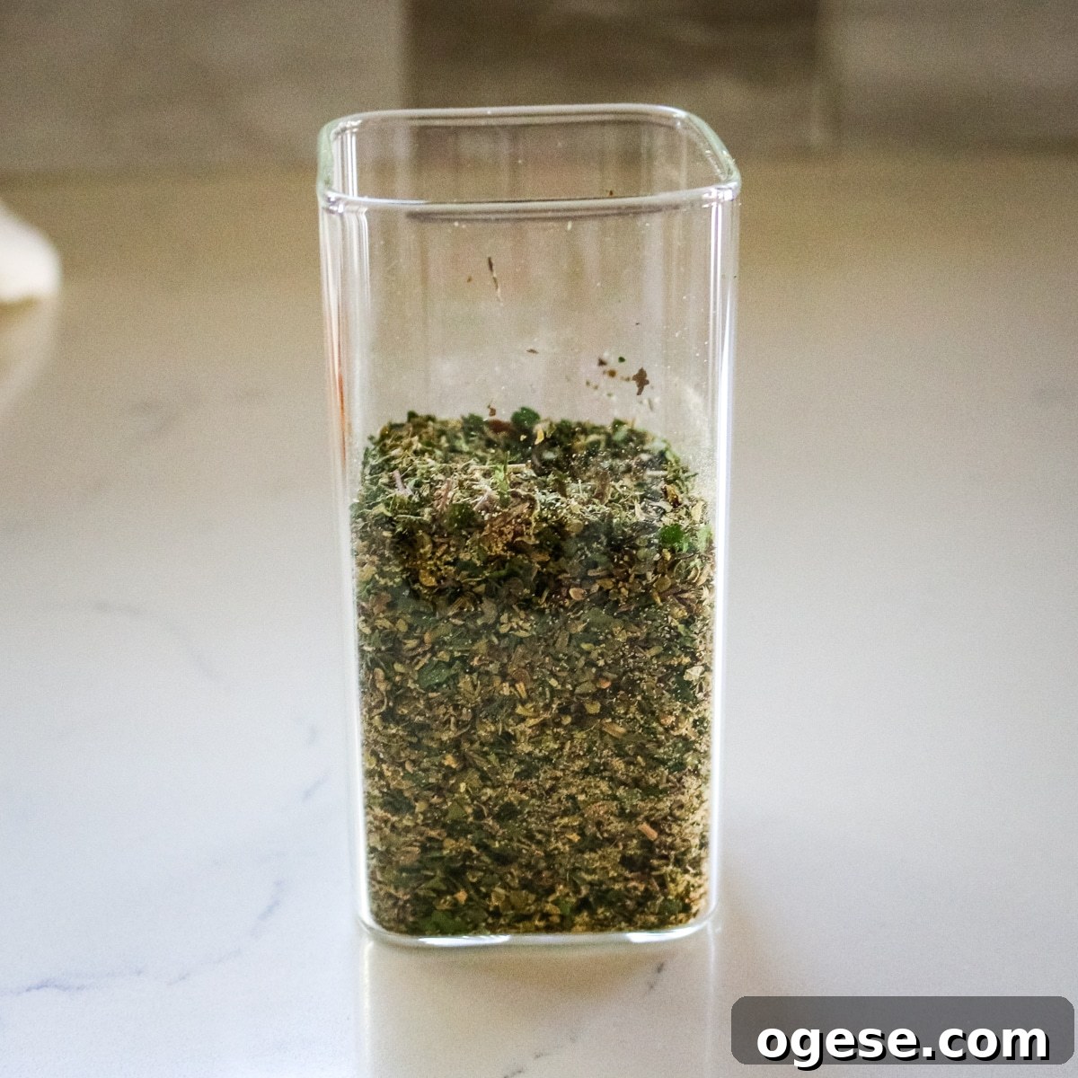 Italian seasoning in a clear jar.