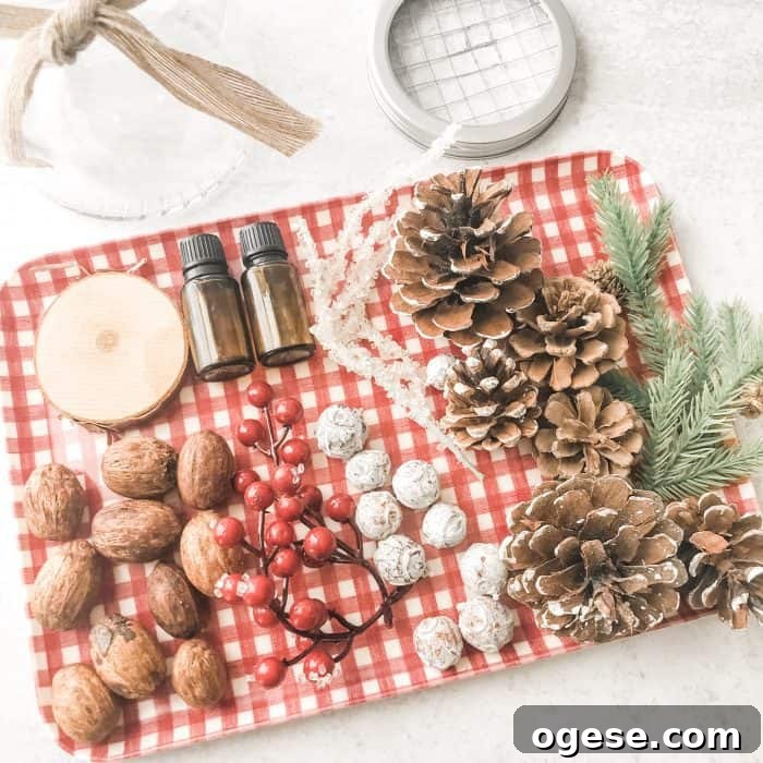Christmas Potpourri Diffuser Guide: Scent Ideas & Care Tips 5 supplies to make Christmas essential oil diffuser- pinecones, berries, springs of evergreen, wood slices, nuts