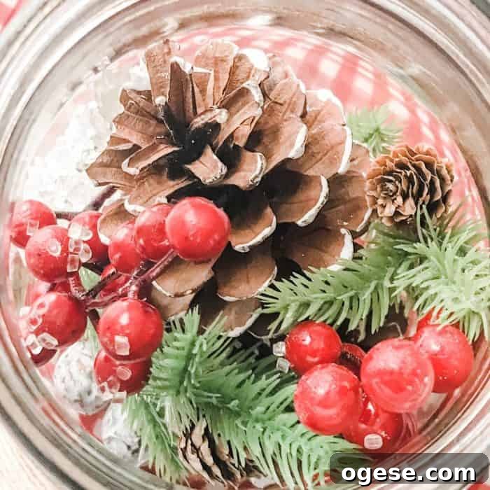Christmas Potpourri Diffuser Guide: Scent Ideas & Care Tips 8 berries, pinecones, greenery, and snow crystals in mason jar