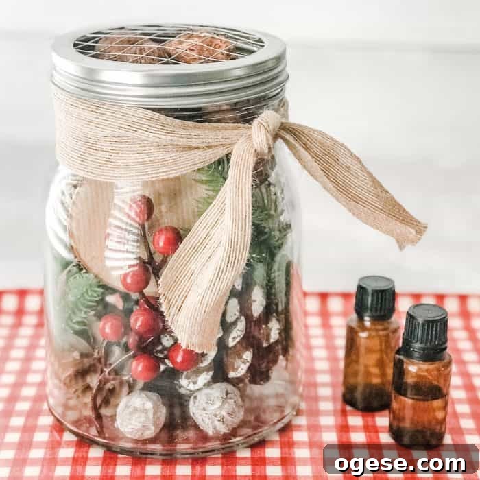 Christmas Potpourri Diffuser Guide: Scent Ideas & Care Tips 9 DIY holiday diffuser with two essential oil bottles beside it