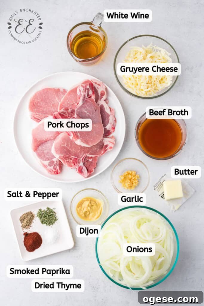 French Onion Pork Chops with Caramelized Onions and Gruyère 3 French Onion Pork Chops Recipe Ingredients Labeled