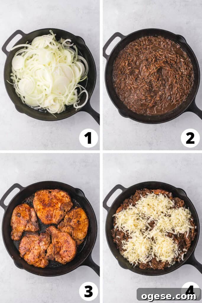 French Onion Pork Chops with Caramelized Onions and Gruyère 4 Collage of French Onion Pork Chops Recipe Steps