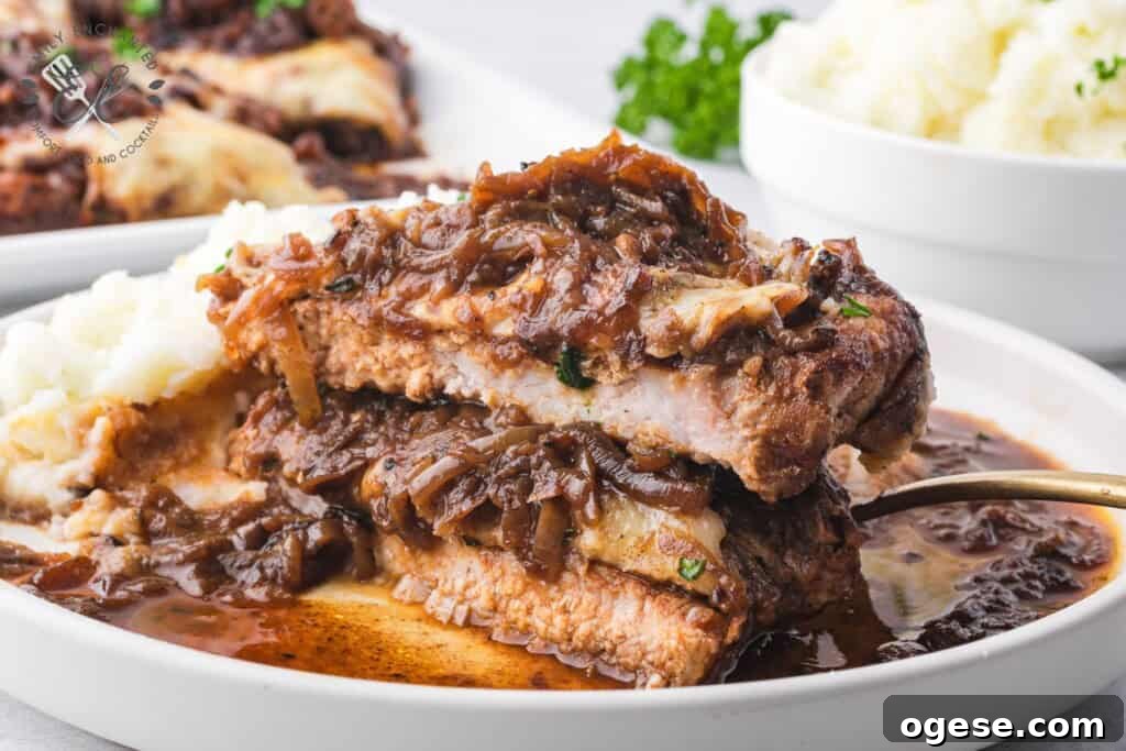 French Onion Pork Chops with Caramelized Onions and Gruyère 5 French Onion Pork Chops sliced in half