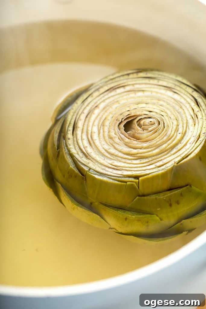 How to Cook Artichokes: Steamed and Roasted Methods 12 a boiled artichoke in a pot full of water
