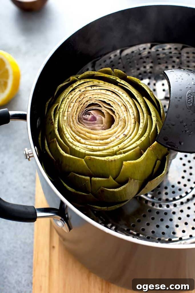 How to Cook Artichokes: Steamed and Roasted Methods 10 a cooked artichoke in a steaming basket