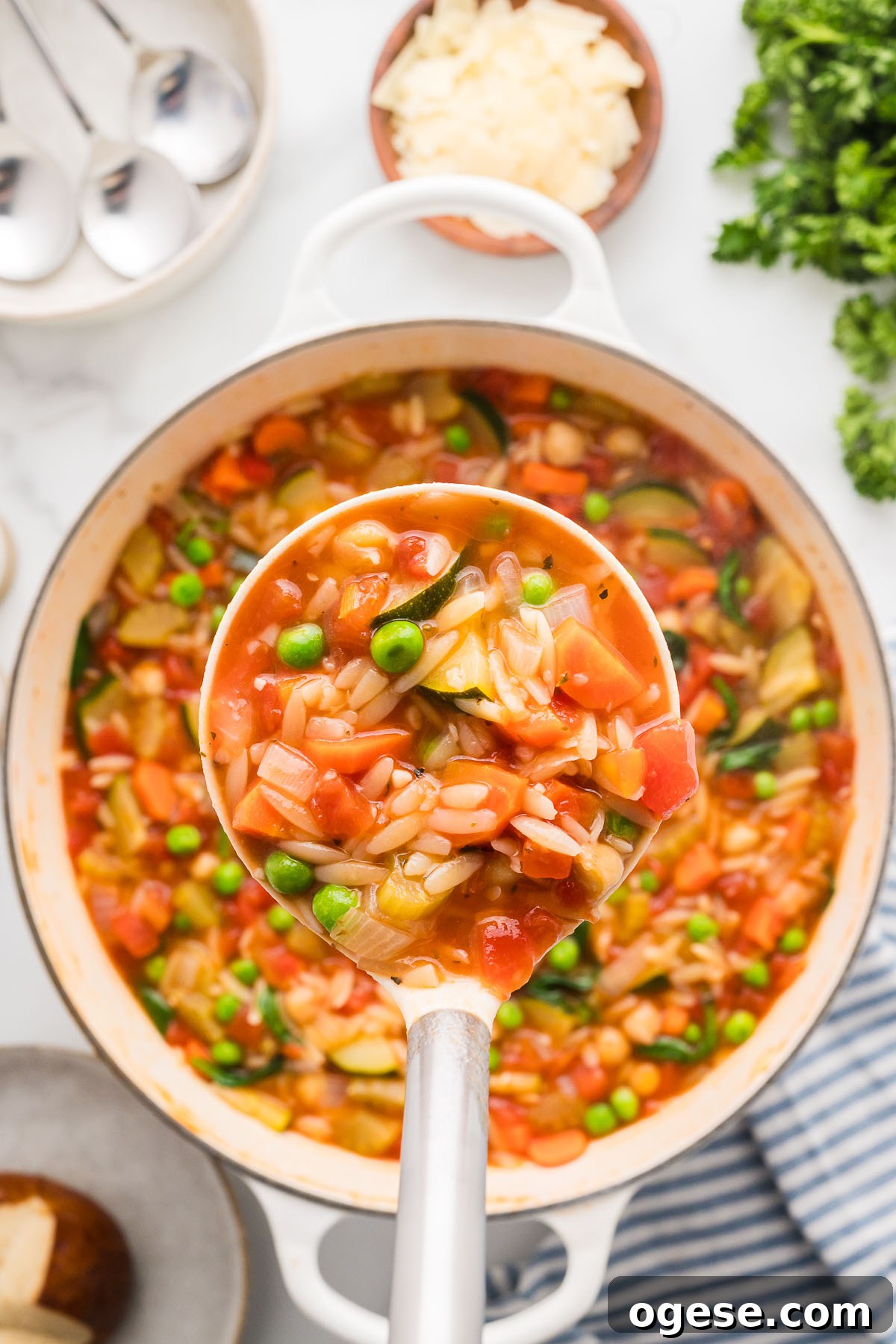 Hearty Vegetable Orzo Soup Recipe for Cozy Weeknights 10 vegetable orzo soup in a large pot, with a serving in a ladle.