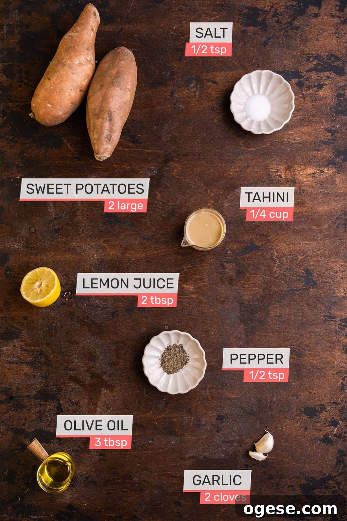 Sweet Potato Hummus Ingredients - Sweet potatoes, salt, Tahini, lemon, pepper, olive oil, and garlic